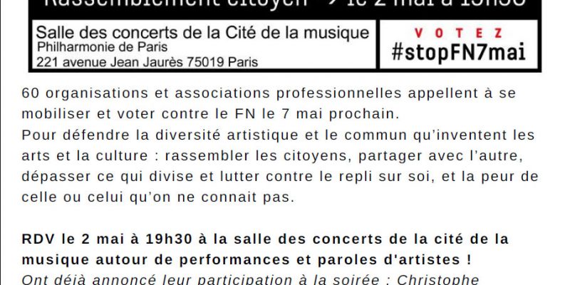 Rassemblement citoyen le 2 mai à 19h30 salle des concerts de la cite dé la musique