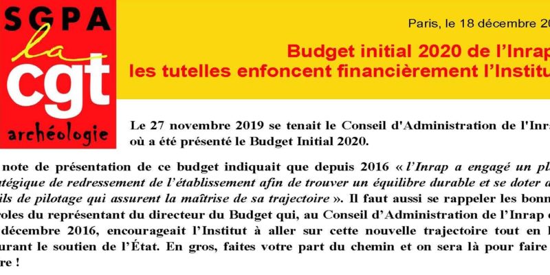 INRAP – Budget Initial 2020 : les tutelles enfoncent financièrement l’Institut