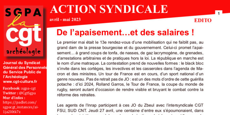 Archéologie – Action Syndicale avril-mai 2023 – De l’apaisement…et des salaires