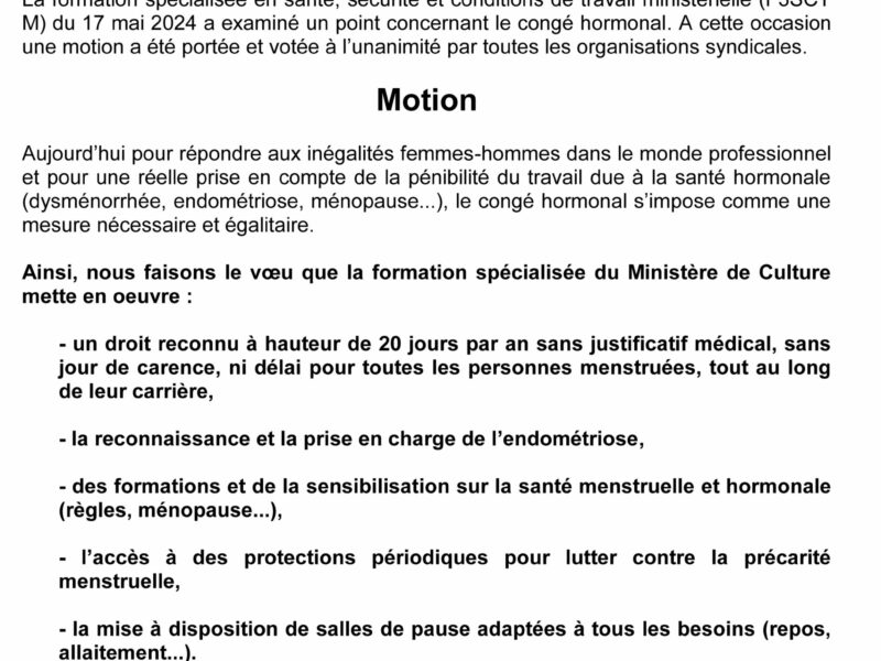 Motion intersyndicale pour le congé hormonal